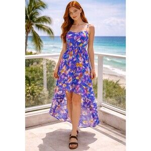 Love by Chesley Floral High Low Dress Blue Boho Summer Lined Size ? Large Beach